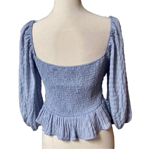 Lush Maria Smocked Peplum Blouse Blue Long Sleeve Size Medium - Picture 12 of 15